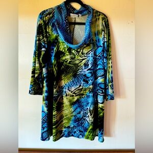 Susan Graver women’s XL wearable art longline reptile print jersey knit tunic